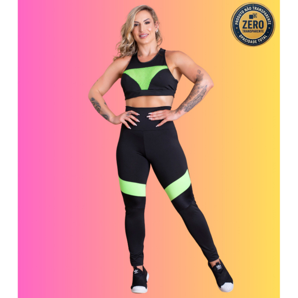 Conjunto Fitness Feminino Calça Legging Cintura Alta Detalhe Recorte Perna E Top Nadador Tela Academia Treino RIQ Modas