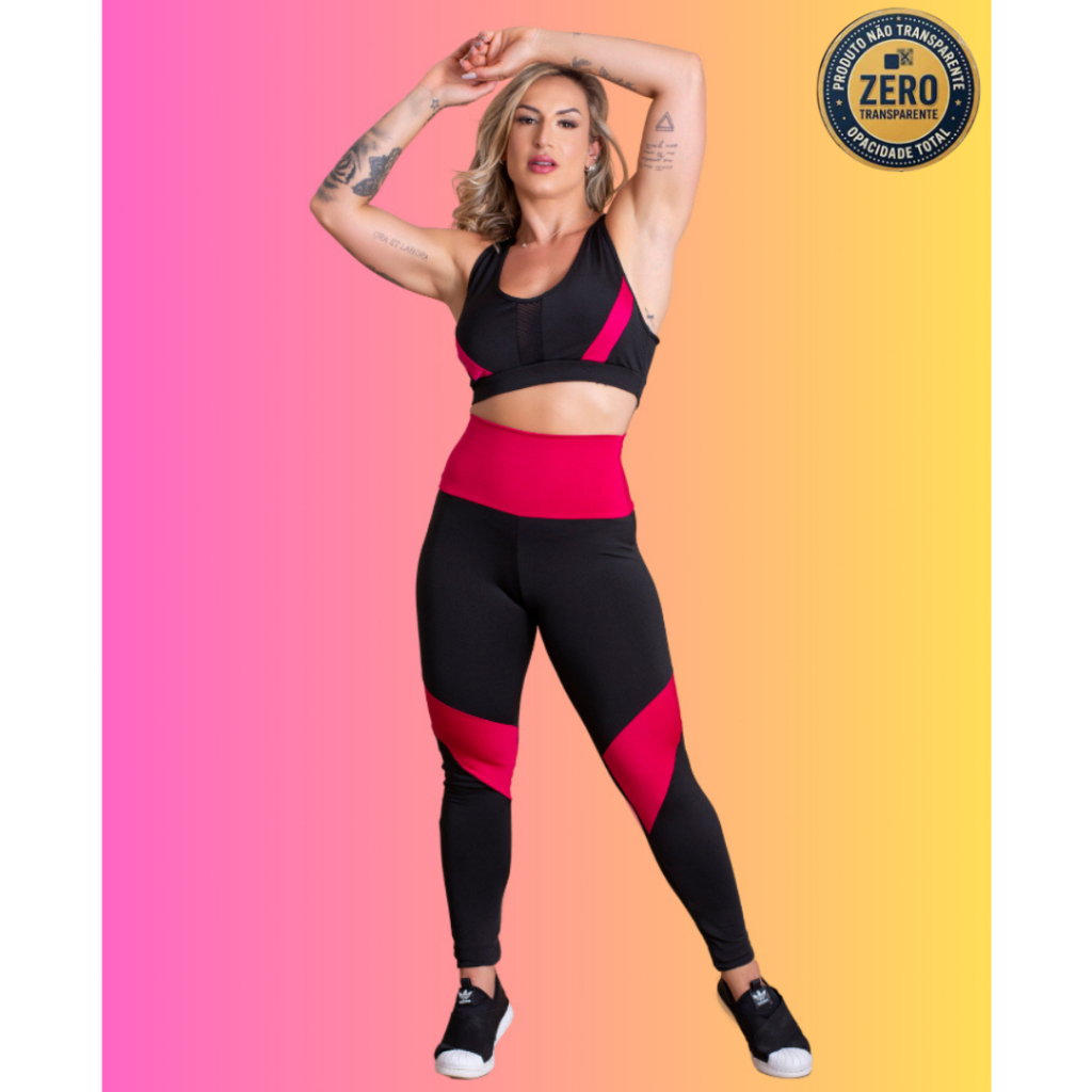 Conjunto Fitness Feminino Calça Legging Cintura Alta Detalhe Perna E Top Nadador Tela Frontal Academia Treino RIQ Modas