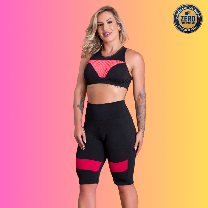 Conjunto Fitness Feminino Bermuda Cintura Alta Recorte Perna E Top Nadador Sustentação Tela Academia ZERO TRANSPARÊNCIA