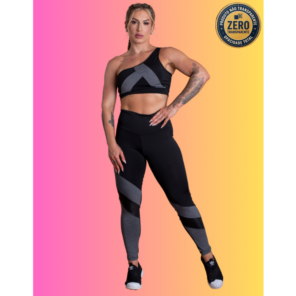 Conjunto Fitness Feminino Calça Legging Cintura Alta Trançada Perna E Top Faixa Ombro Só Academia ZERO TRANSPARÊNCIA
