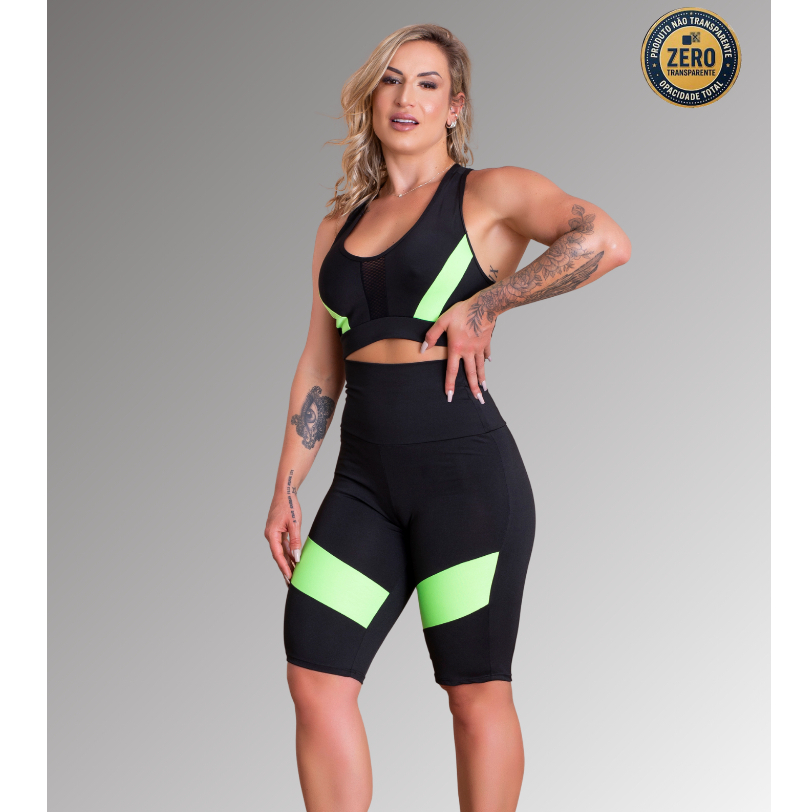 Conjunto Fitness Feminino Bermuda Lisa Cintura Alta Recorte Perna E Top Nadador Tela Frontal Academia ZERO TRANSPARÊNCIA