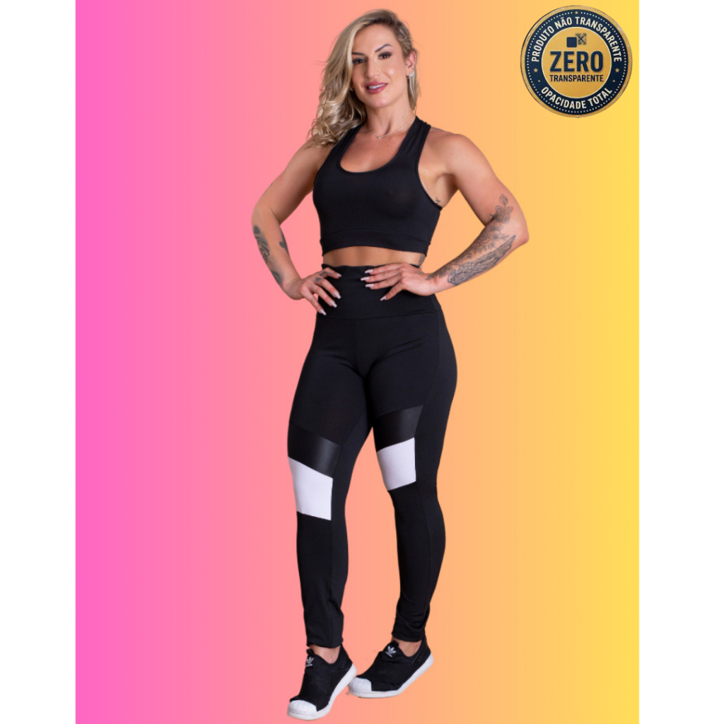 Conjunto Fitness Feminino Calça Legging Cintura Alta Detalhe Perna E Top Nadador Liso Básico Academia ZERO TRANSPARÊNCIA