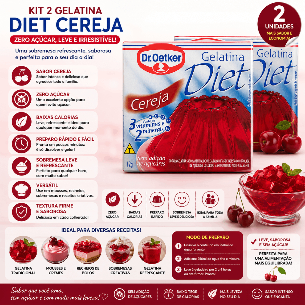 Kit 2 Gelatina Diet Cereja 12g Zero Açúcar Sobremesa Leve Sabor Intenso Baixas Calorias
