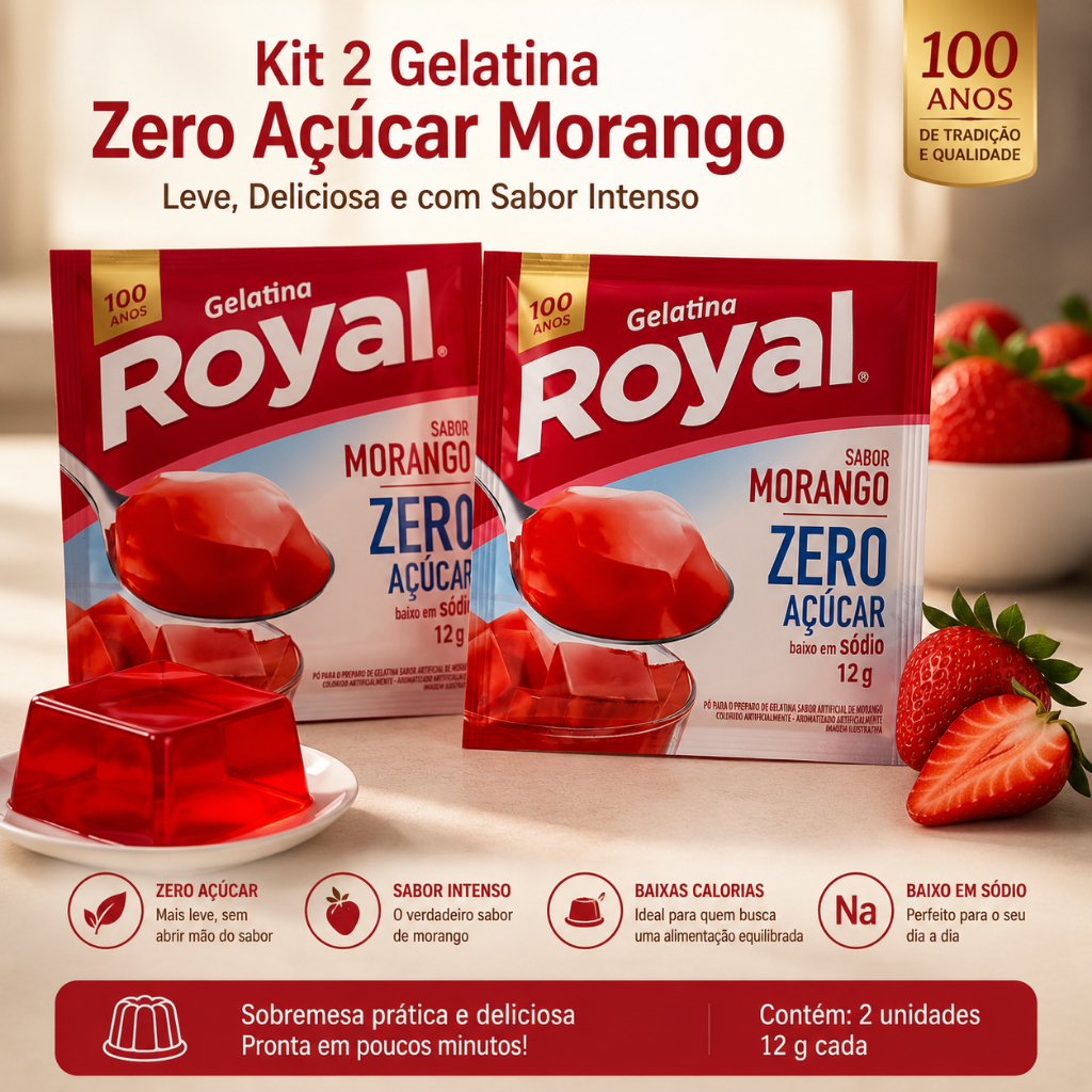 Kit 2 Gelatina Zero Açúcar Morango 12g Sobremesa Leve Baixas Calorias Sabor Intenso Deliciosa