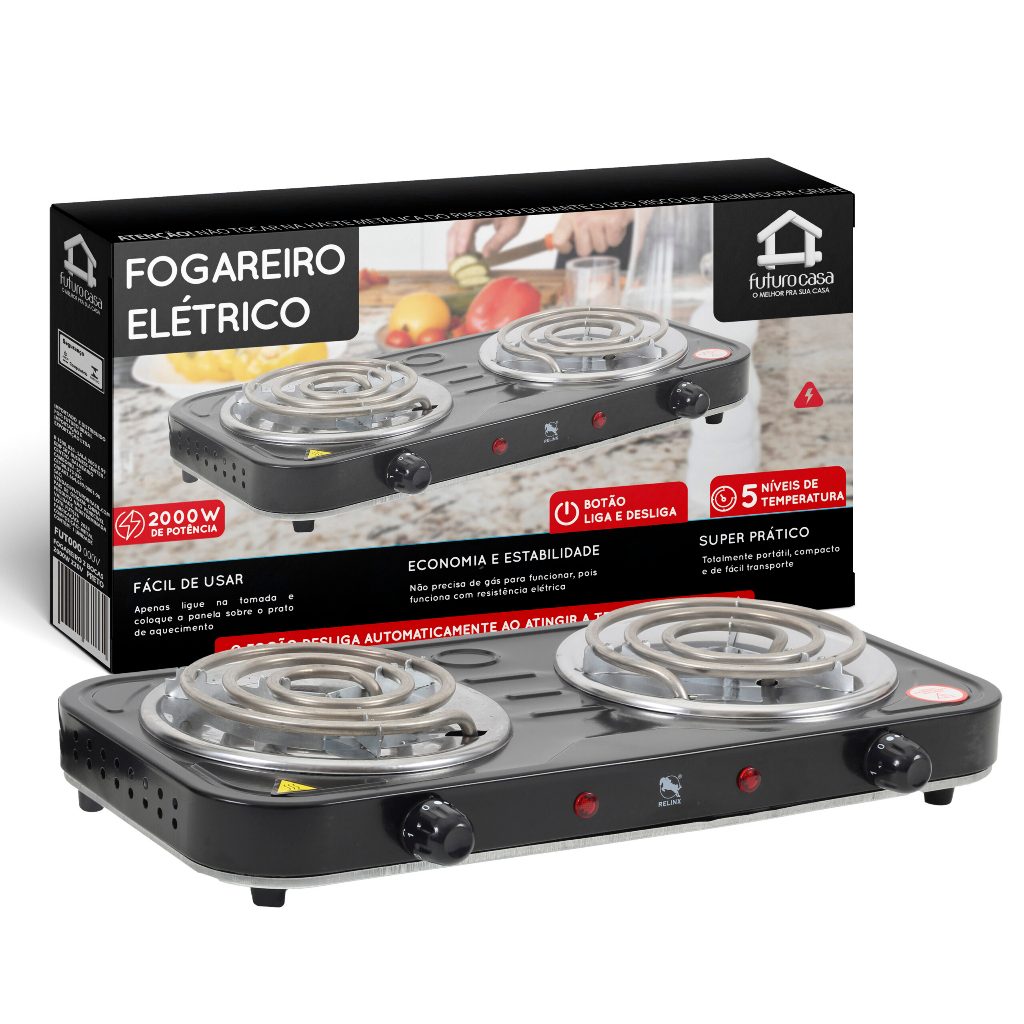 Fogareiro Elétrico Portátil 2 Bocas – ESPIRAL – Preto – 2000W 110V
