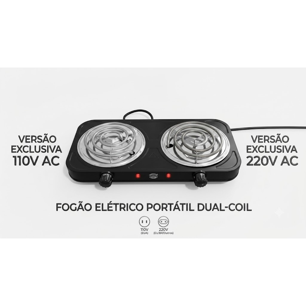 Fogão Elétrico 2000W Fogareiro Elétrico Portátil Espiral em Inox 2 Bocas Cooktop 5 Temperaturas Qualquer Panela