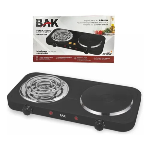 Fogareiro Elétrico Cooktop Indução Espiral 2 Bocas 2000w Preto - BAK