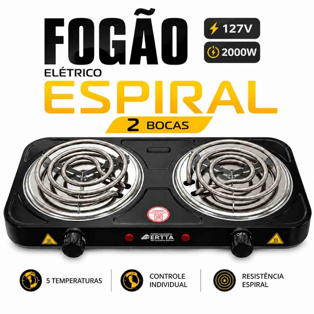 Fogão Elétrico Espiral Portátil Cooktop 2 Bocas 2000W - 127V