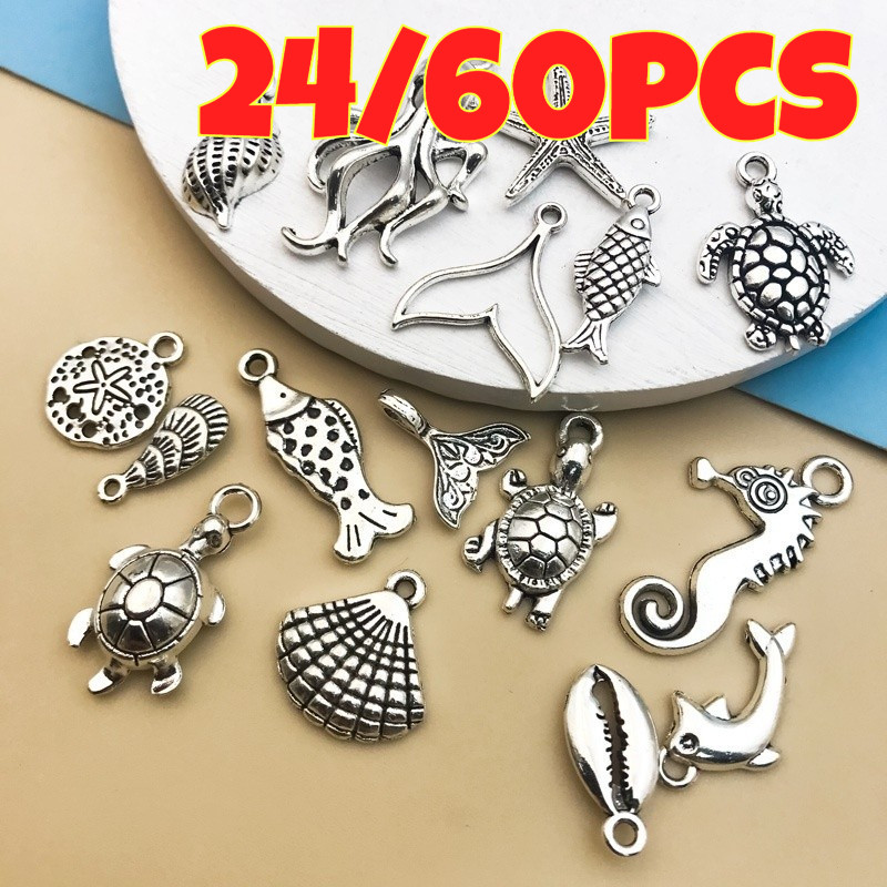 24/60 unidades mix ocean charms pingentes prata antiga vida marinha animal starfish seahorse