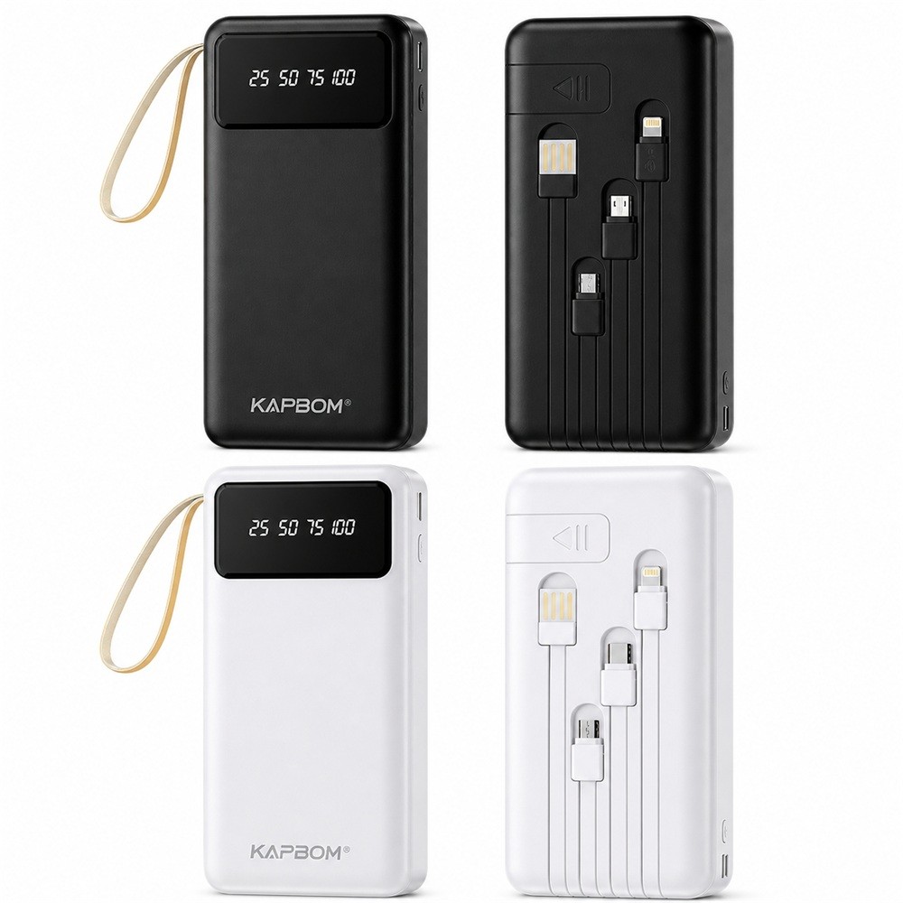 Power Bank Kapbom KA-9932 10000mAh com 4 Cabos Integrados USB V8 Tipo-C Conector IOS e Visor LED