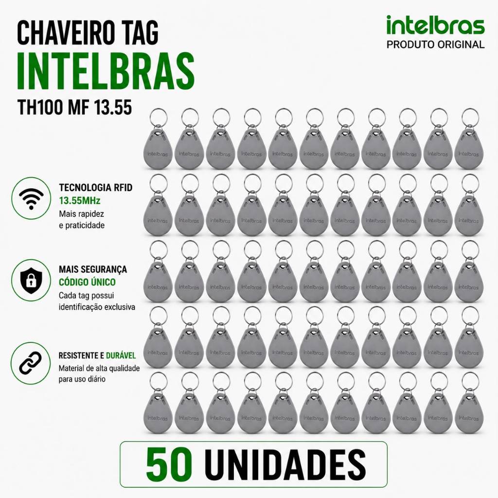 Kit 50 unid Chaveiro Tag Th 1000 Mf 13,56 Mhz Cinza Intelbras de Aproximação controle Acesso