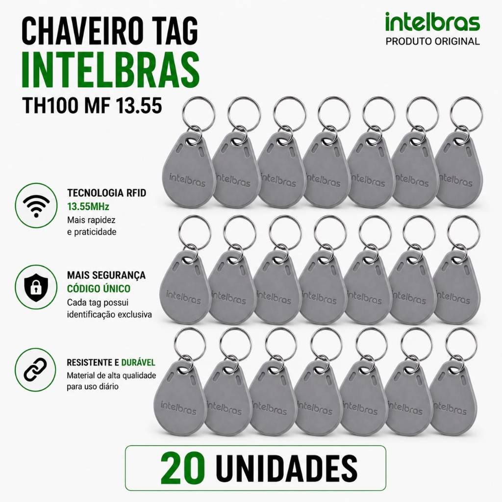Kit 20 unid Chaveiro Tag Th 1000 Mf 13,56 Mhz Cinza Intelbras de Aproximação controle Acesso