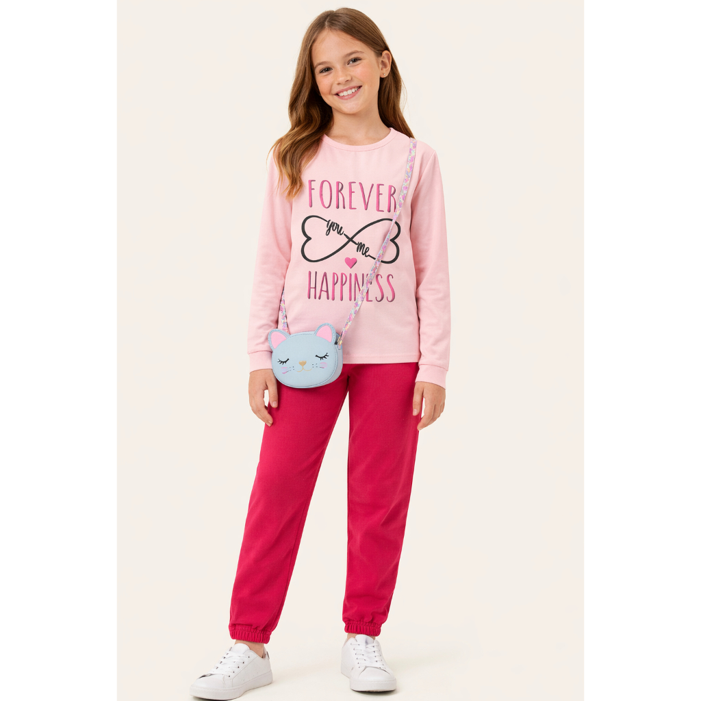 Conjunto com  Blusa em Meia Malha Feminina e Calça de Moletom Peluciado - Tam 1 ao 16 anos.