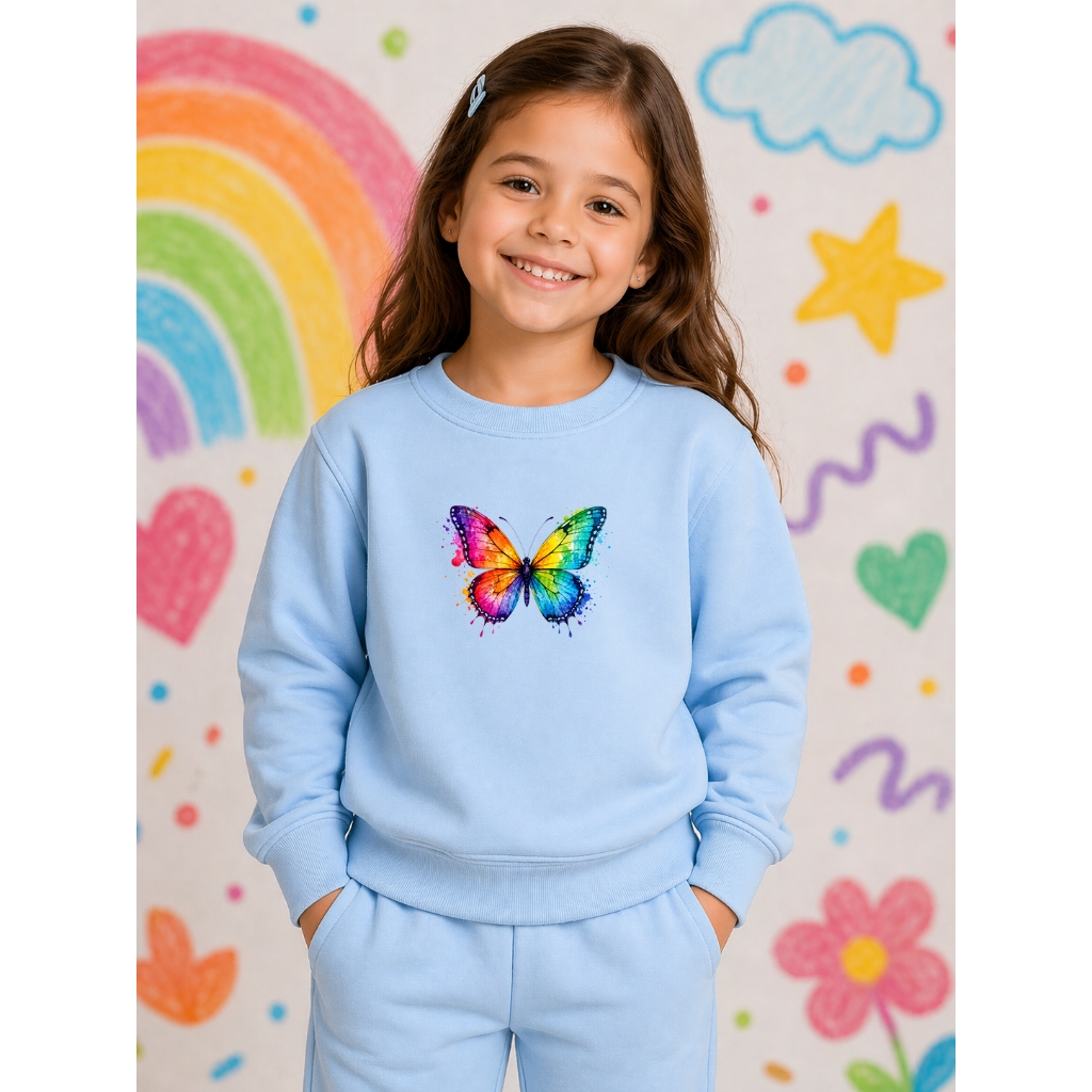 Blusa Moletom Infantil Feminina Estampada Gola Careca Butterfly Aquarela 50% Algodão Tecido Macio Confortável