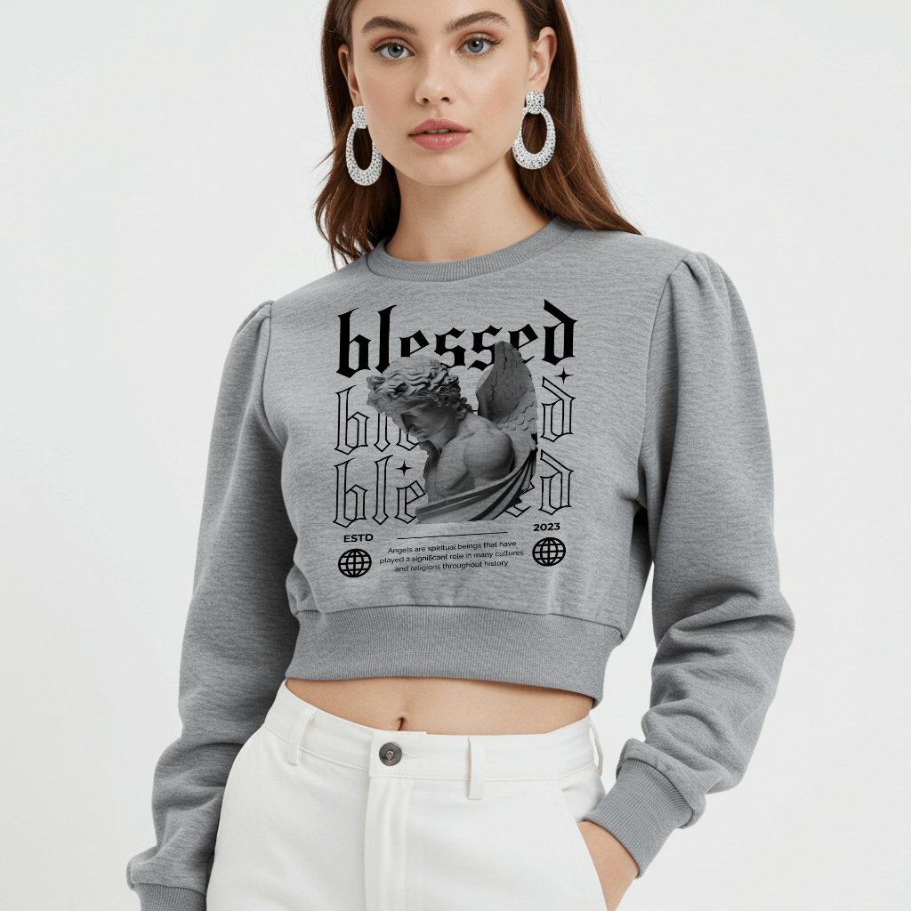 Cropped Moletom Feminino Blessed Estampa Anjo Streetwear Estiloso Manga Longa
