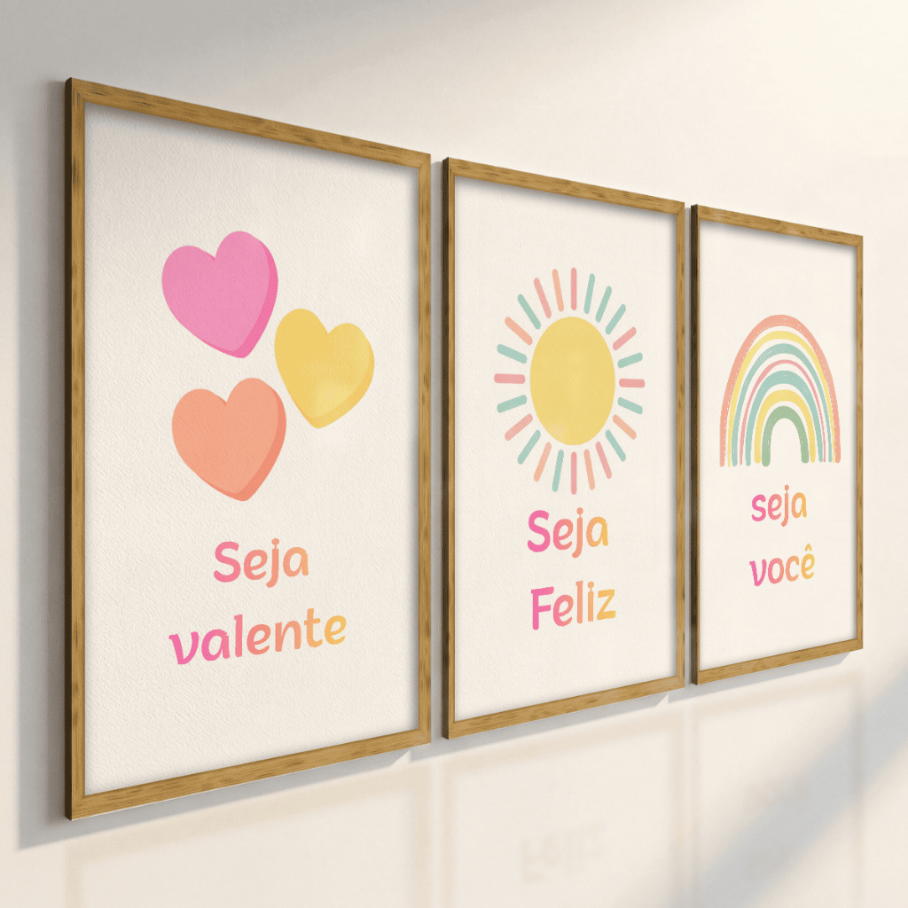 Quadros Decorativos Infantil Frases Motivacionais Kit 3 Peças Seja Valente Feliz Você Colorido