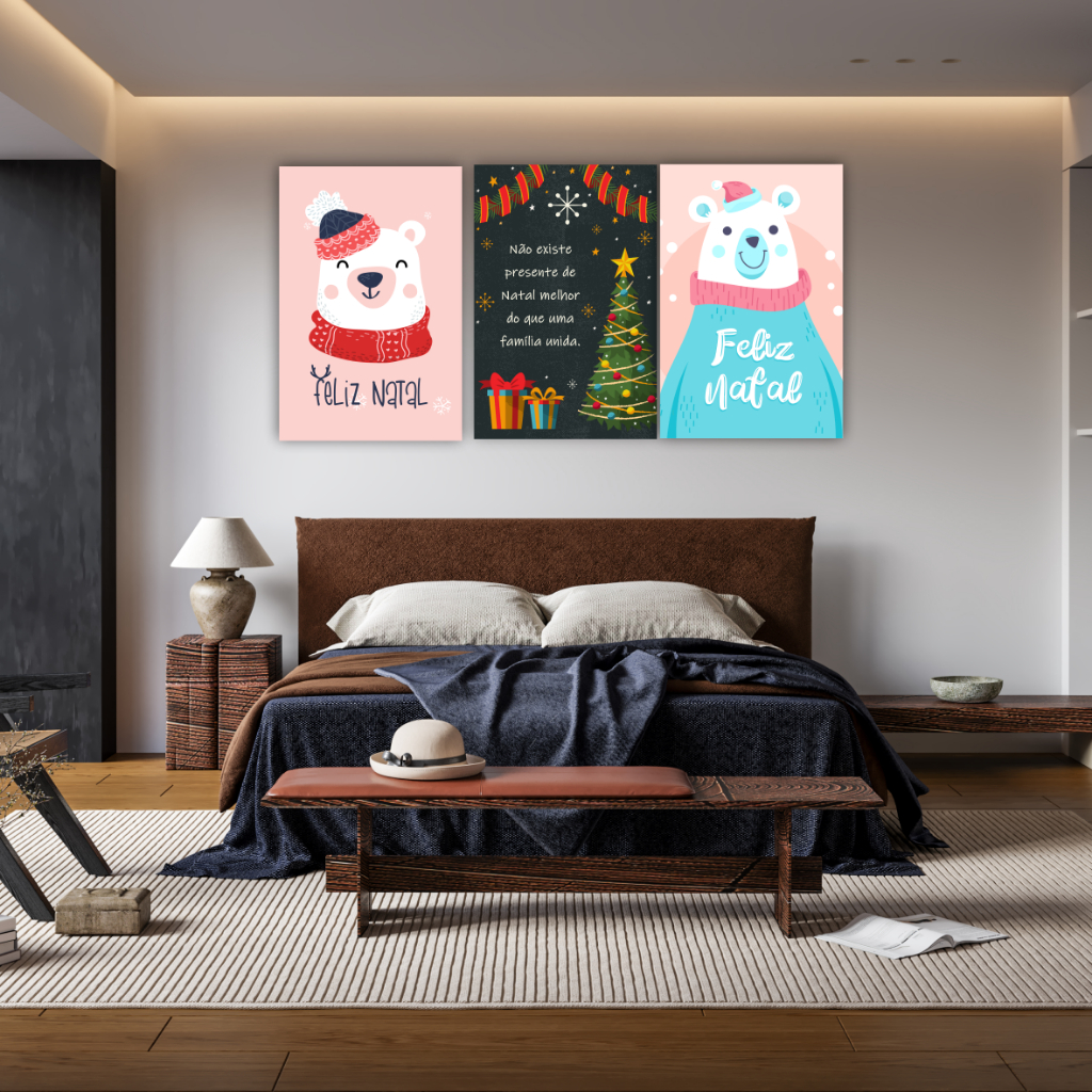 Quadro Decorativo Kit 3 Peças Feliz Natal Frases Urso Polar - Para Parede Decoração Quarto Sala -