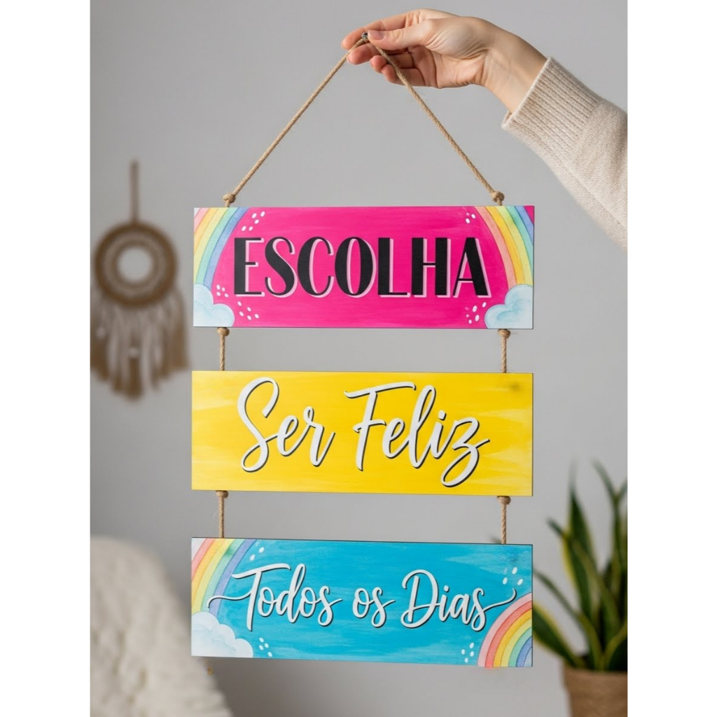 Placa Decorativa MDF Cordinha Decoração Rustica Casa Quarto Sala Porta Parede Frase Escolhe Ser Feliz Todos os Dias