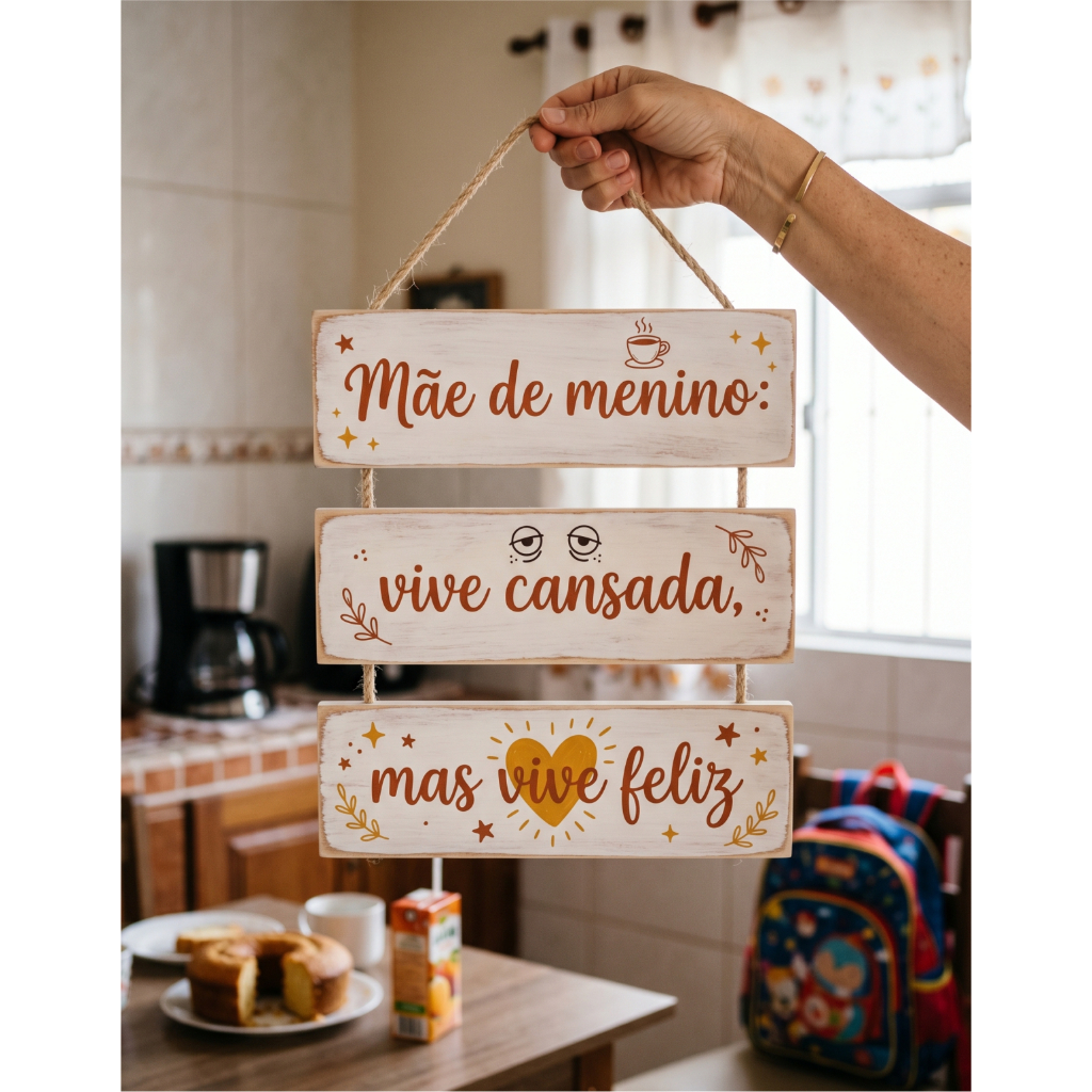 plaquinha mdf decorativa frase legal mãe de menino vive cansada mas vive feliz decoração quarto bebe presente para mãe