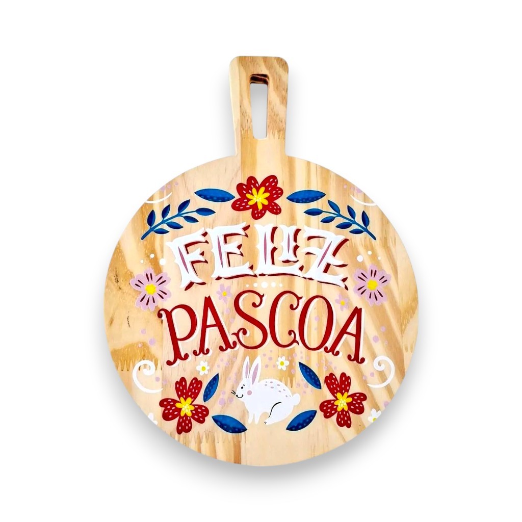 Tábua Decorativa Redonda com Pendurador - com frase Feliz Páscoa