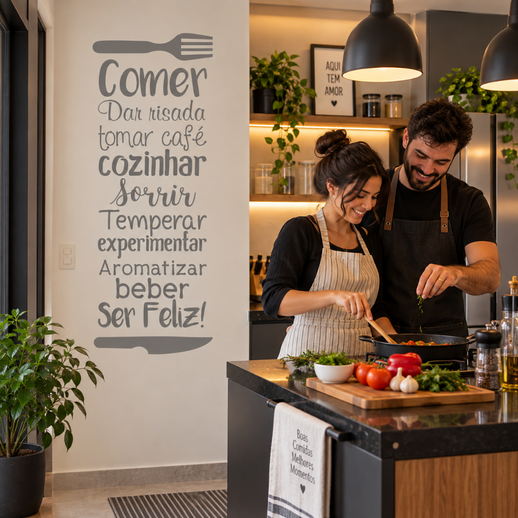 Adesivo de Parede Cozinha Frase Decorativa Comer Cozinhar Ser Feliz