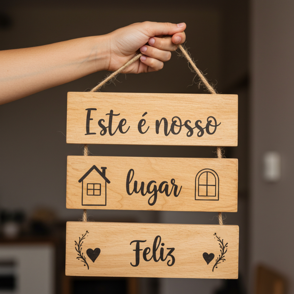 Plaquinha Decorativa 3 Peças Frase Este É Nosso Lugar Feliz Casa Apartamento MDF Sisal Decoração