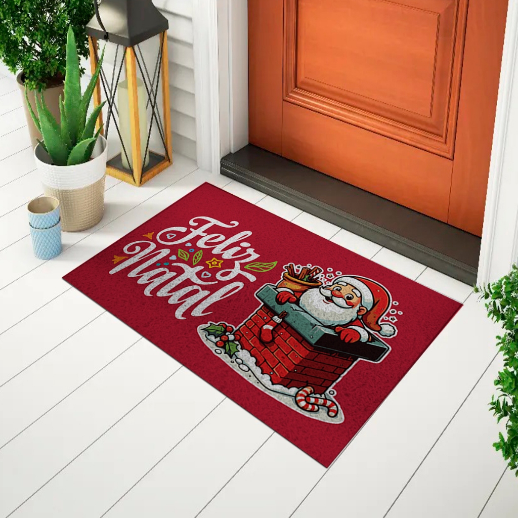 Tapete Divertido Capacho Decorativo Para Porta Frase - Feliz Natal , Papai Noel Chaminé Ca914