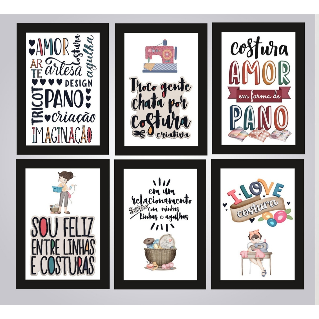 Kit Quadro Decorativo Costura Ateliê Frase Sou Feliz Entre Linhas e Costuras Desenho Delicado Matiz