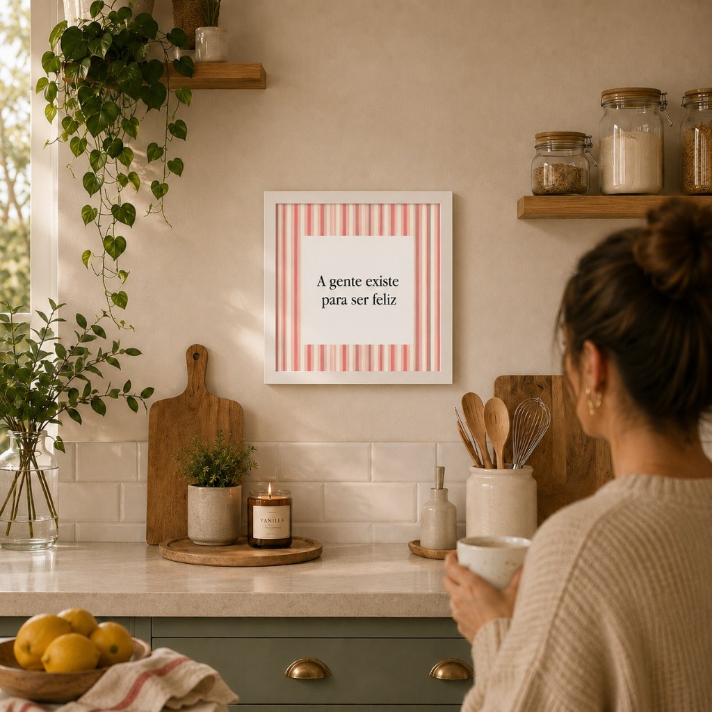 Quadro Decorativo Frase A Gente Existe Para Ser Feliz 20x20cm Moldura Branca Minimalista QELAB2