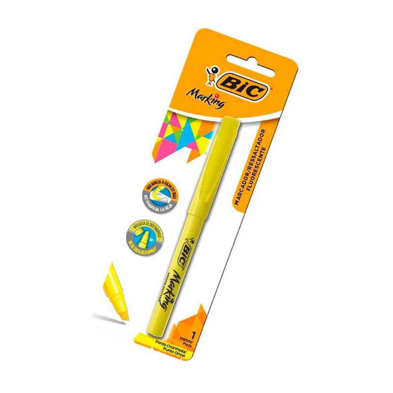 Caneta Marca de Texto Marcador Bic Marking Resaltador Fluorescente Amarelo Ponta Chanfrada