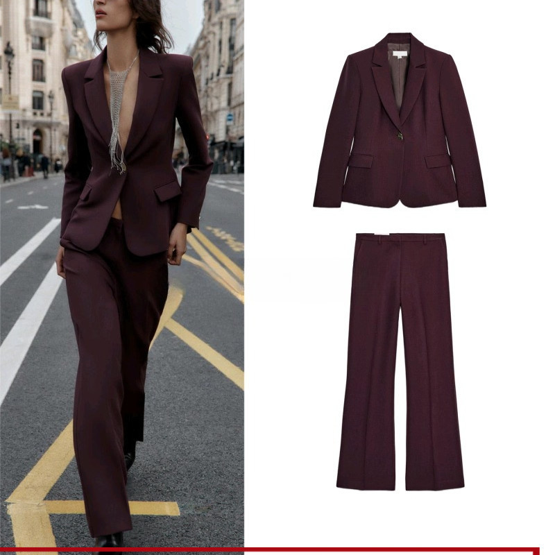 2025 Outono Novo Estilo Roupas Femininas com Almofadas de Ombro Blazer Slim-fit8992609 Calça Perna Reta1478260 Conjunto