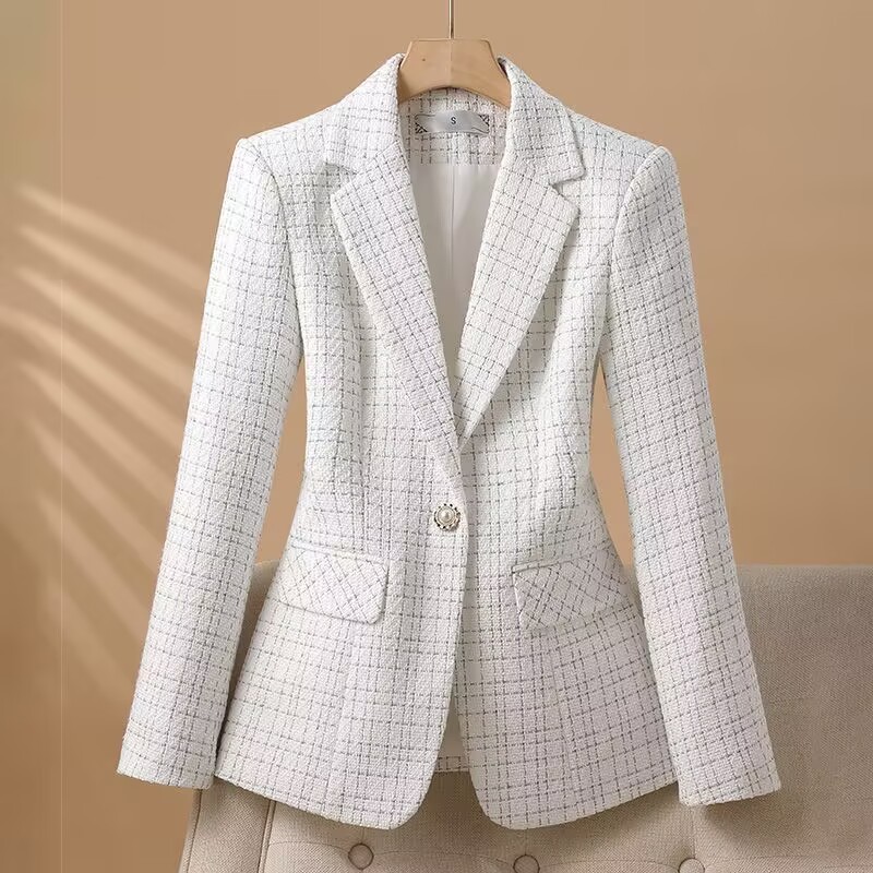 Alta Qualidade Blazer Feminino Social Forrado Alfaiataria Slim Casual Xadrez Casaco para Outono / Inverno / Primavera