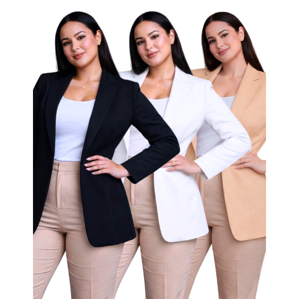 Kit 3 Blazer Feminino Tecido Neoprene Sobretudo Slim Casual Elegante Social
