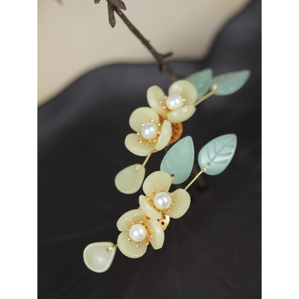 [Qianyue] Acessórios clássicos originais Hanfu Conjunto de cocar de pétala amarela antiga Grampo de cabelo Brincos de co
