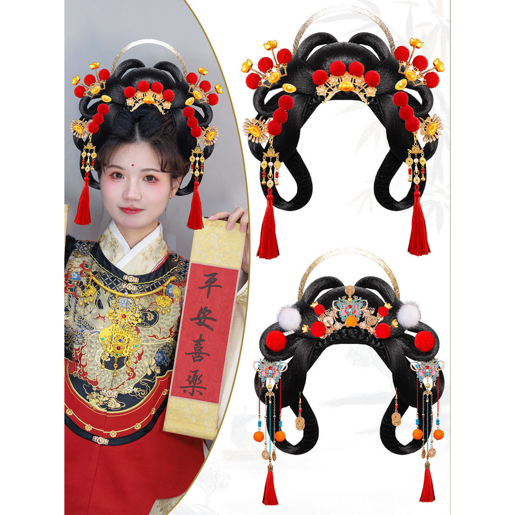 Ano novo COS pequeno deus da riqueza estilo de uma peça saco de cabelo completo antigo Hanfu foto peruca acessórios conj