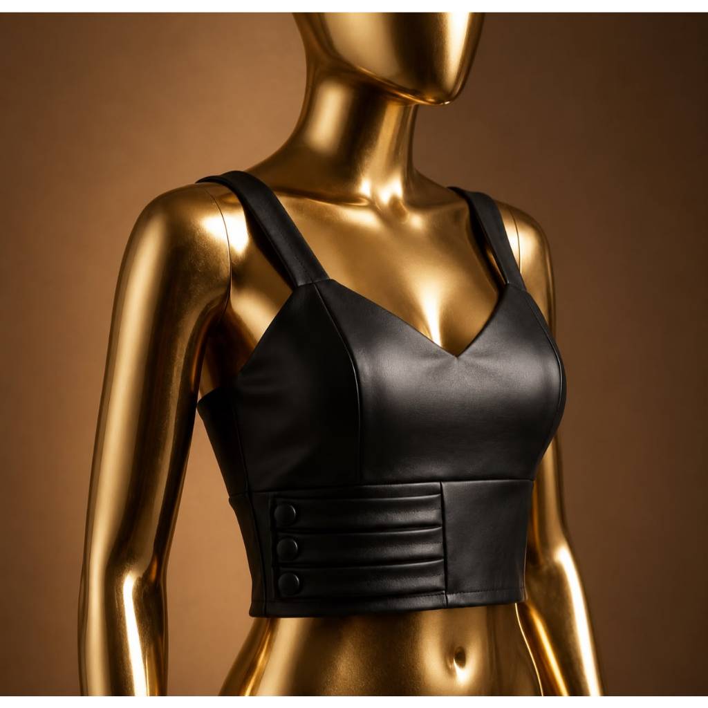 Cropped Alcinha Feminino Courino Couro Detalhe na Frente Com Bojo Confortável e Zíper nas Costas