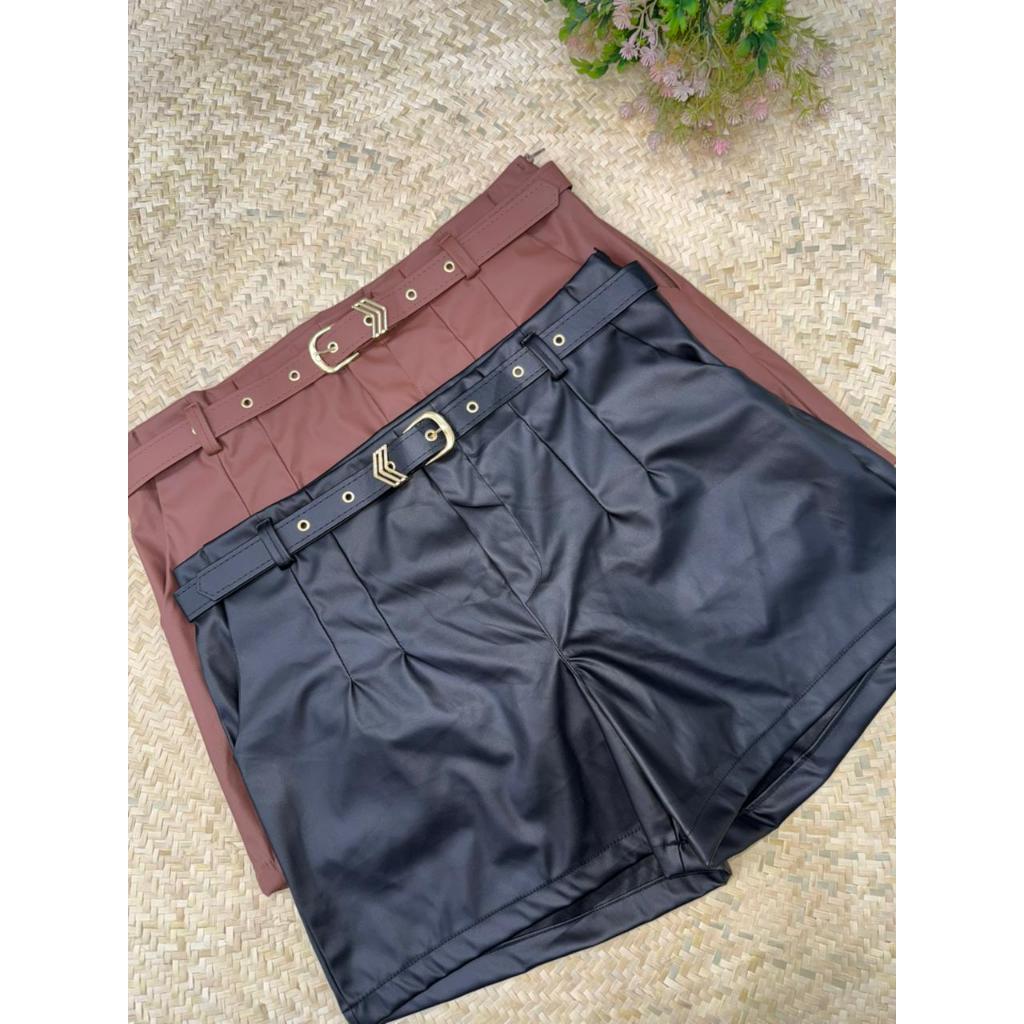 shorts saia plus size couro eco com cinto frente e verso