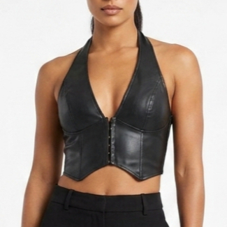 Cropped Couro com Bojo, zíper Decote V Elástico nas Costas Frente única moda  tendencia Feminina estilo corset