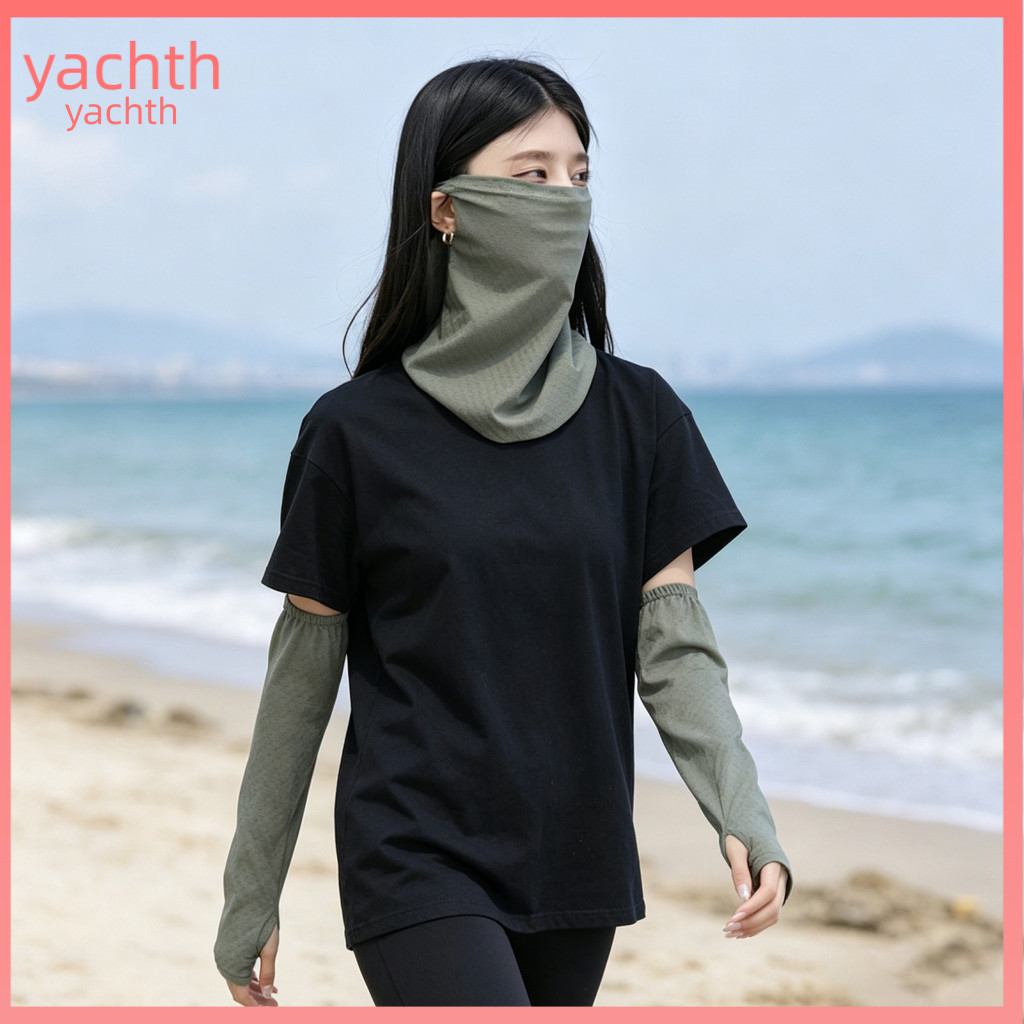 Summer Sun Protection Gear 2pcs Face Guard Oversleeve Set for Women Full Neck Clavicle Coverage Ice Silk Fabric Breathab