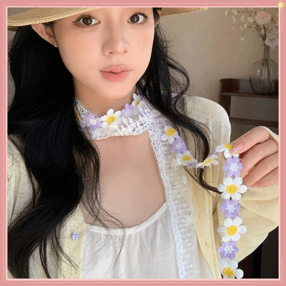 Lenço Longo , Fino De Chiffon De Renda Transparente De Pescoço De Flor Dupla Face Estilo Coreano Feminino Menina