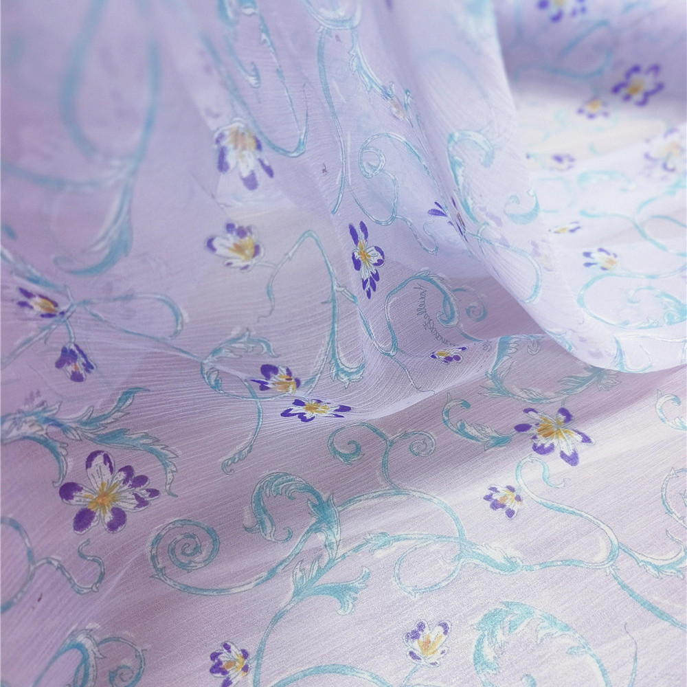 Seda roxa clara impressa suave elástica dupla face impressa tecido de seda amoreira Hanfu vestido antigo tecido Xihang t