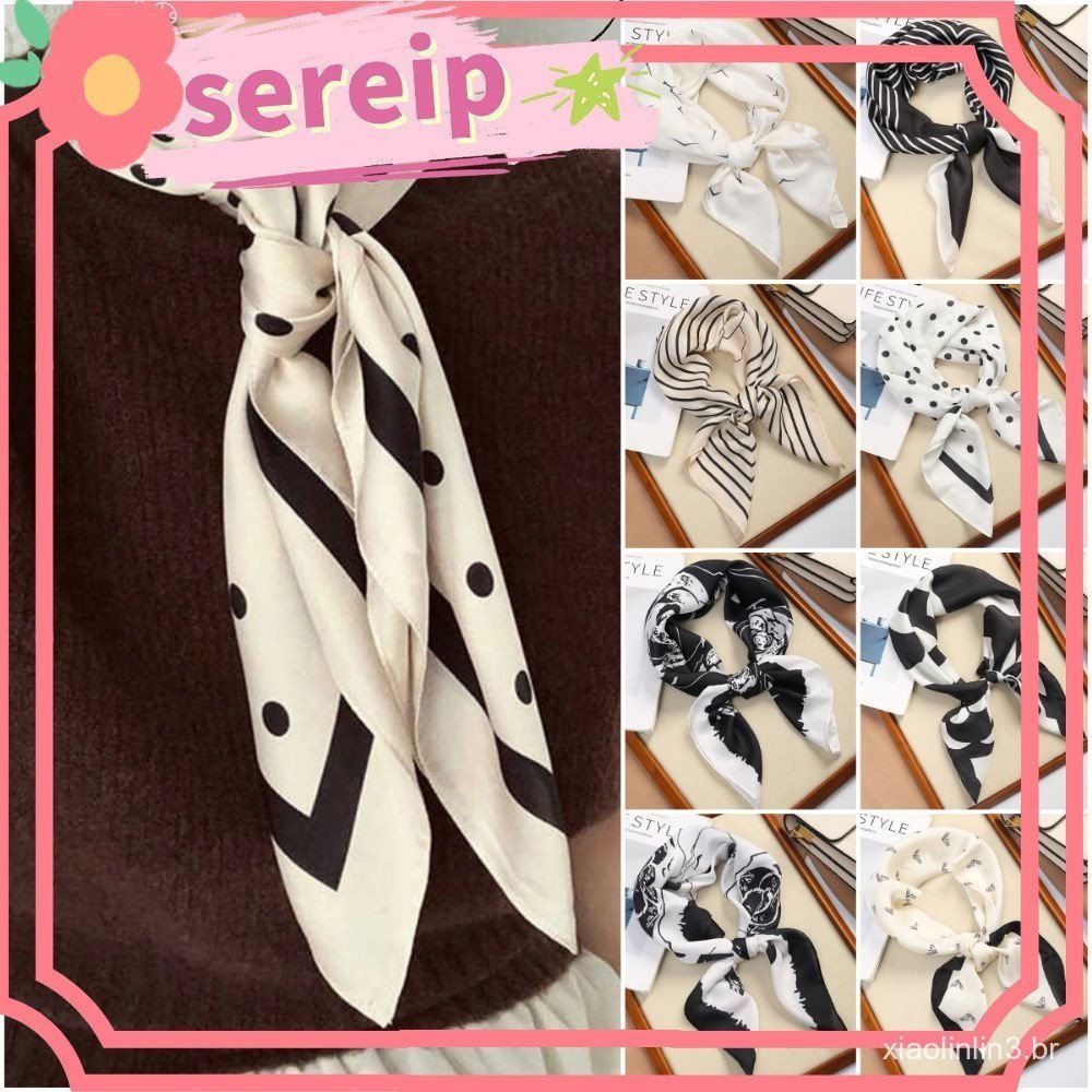 Lenço de Seda SEREIP, Quadrado 70*70cm, Lenço de Cabelo, Moda Dupla Face Listras Pretas e Brancas, Poá Flor, Lenço Femin