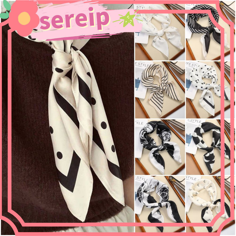 Lenço de Seda SEREIP, Quadrado 70*70cm, Lenço de Cabelo, Moda Dupla Face Listras Pretas e Brancas, Poá Flor, Lenço Femin