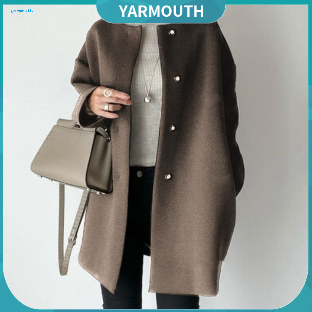 Women Outer Layer Coat Solid Color Jacket Women’s Fall Winter Woolen Mid-length Button-down Round Neck Loose Fit Long
