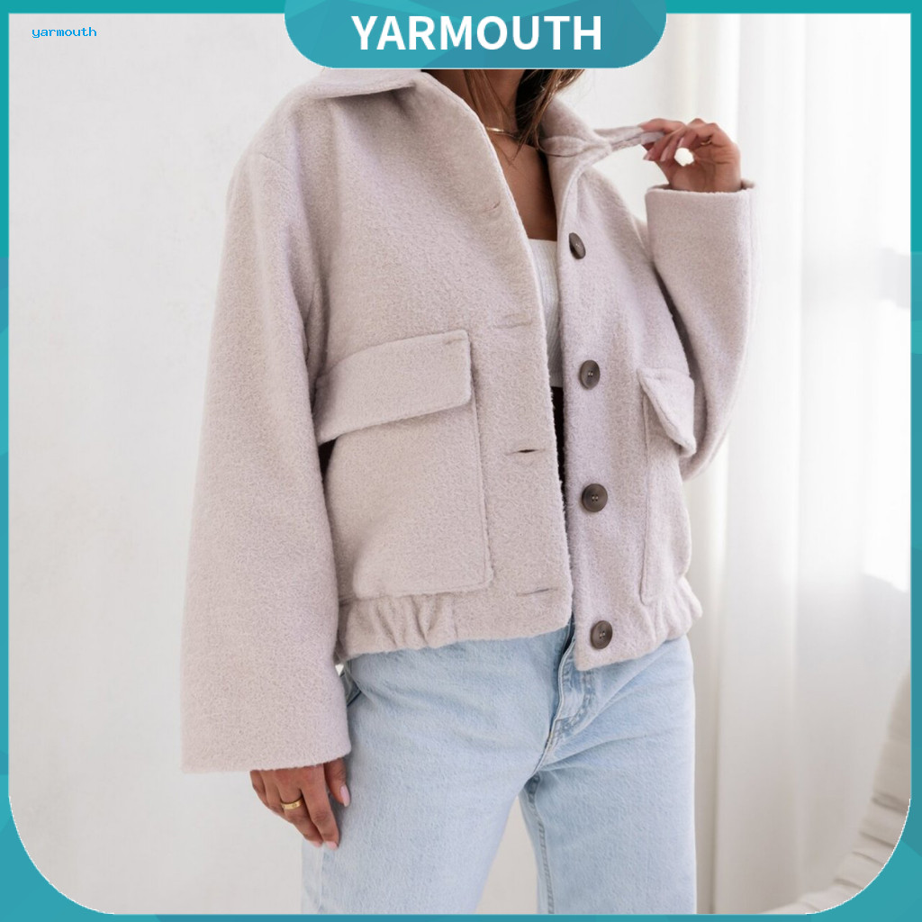 Women Loose-fitting Jacket Woolen Women’s Solid Color Single-breasted Coat with Pleated Hem Thermal Long Sleeve Outerw