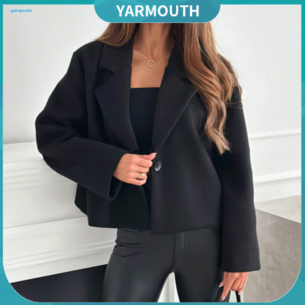 Cardigan Jacket Short Coat Single Button Women’s Woolen with Turn-down Collar Closure Loose Fit – Warm Thermal Long