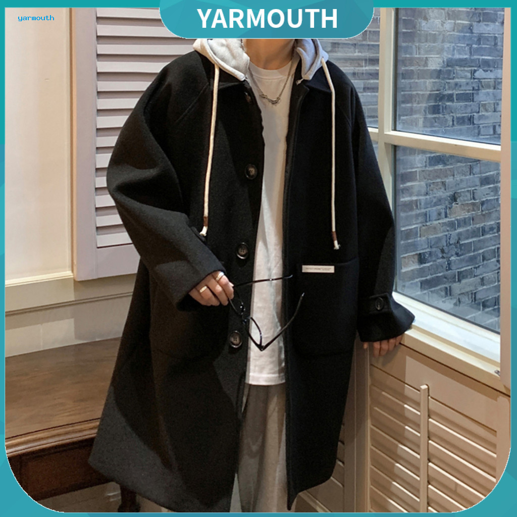 Solid Color Suit Jacket Single Breasted Coat Men's Woolen Hooded Long with Drawstring Single-breasted Large Pockets Wind