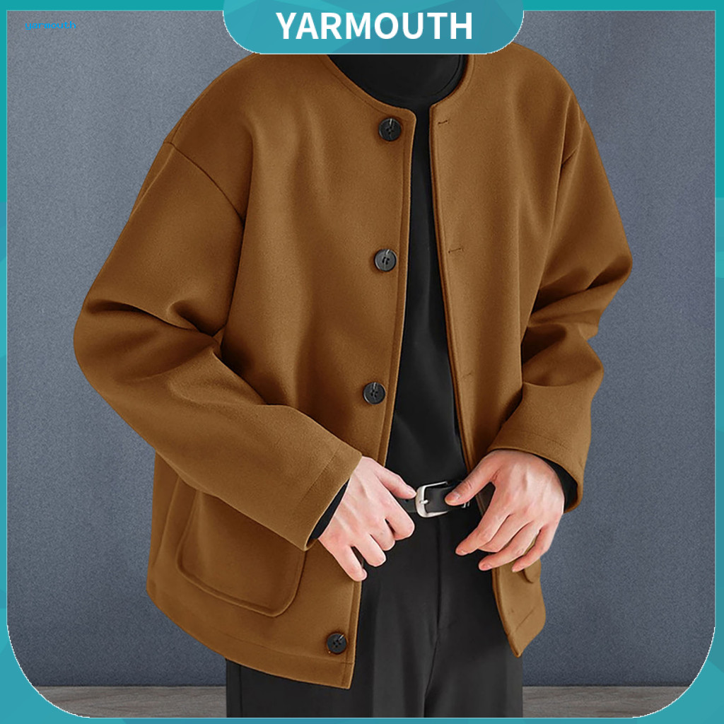 Woolen Coat Versatile Wool Jacket Men's Winter Overcoat Single Breasted Round Neck Long Sleeve with Pockets Regular Fit