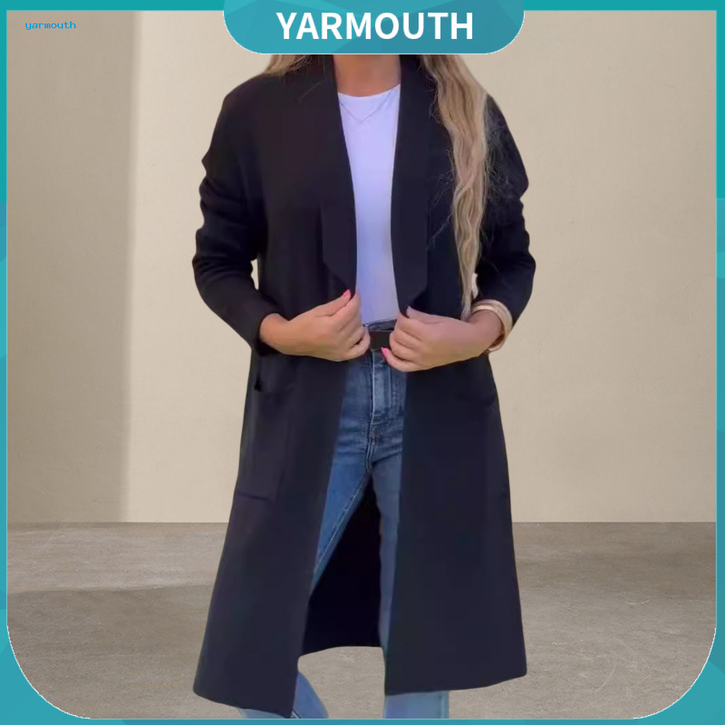 Women Cardigan Jacket Loose Fit Women’s Woolen Mid-length Knitted Coat Turn-down Collar Solid Color Thermal Long Sleev