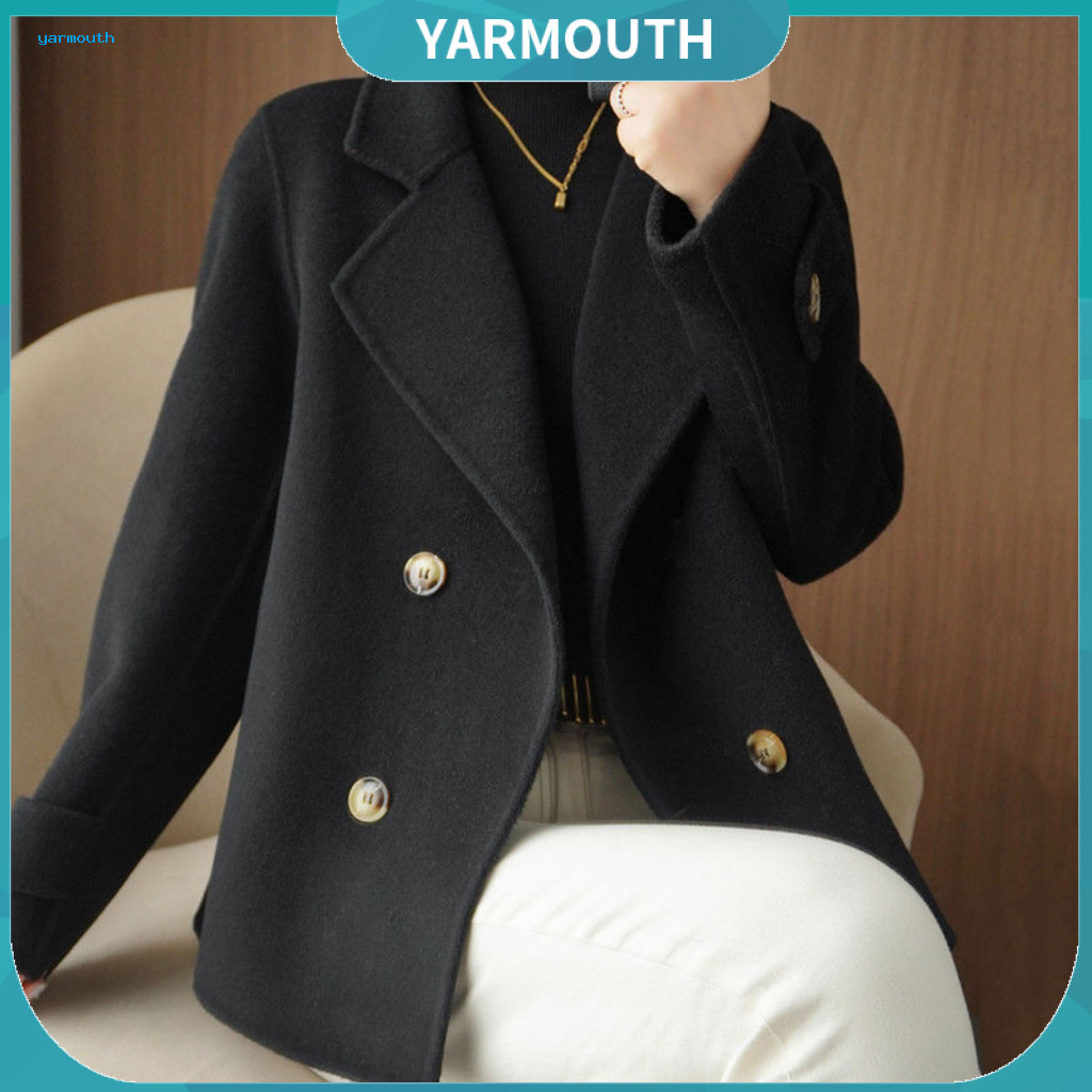 Women Solid Color Coat Women’s Woolen Double-breasted Lapel Jacket Short Loose Thermal Long Sleeve Outerwear for Sprin